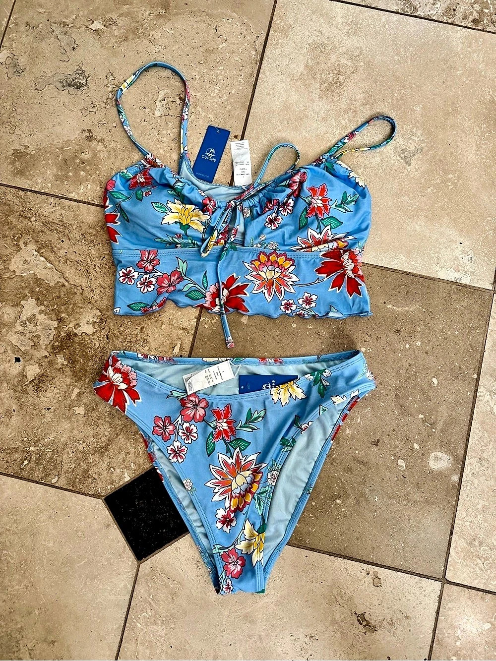 Cupshe Blue Floral Tie Front Halter & Cheeky Bikini Set Small NWT
